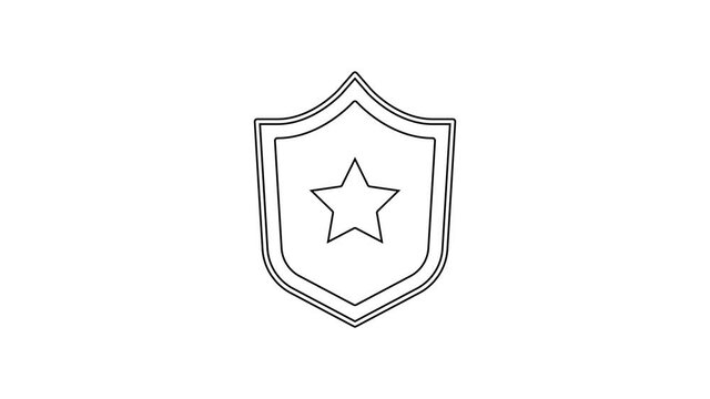 Black line Police badge icon isolated on white background. Sheriff badge sign. Shield with star symbol. 4K Video motion graphic animation