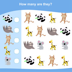 Obraz na płótnie Canvas Counting game for Preschool Children. Educational printable math worksheet. Additional puzzles for kids. Vector illustration in cartoon style. Counting how many similar images.