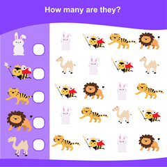 Counting game for Preschool Children. Educational printable math worksheet. Additional puzzles for kids. Vector illustration in cartoon style. Counting how many similar images.
