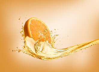 Splashing orange juice with orange slice on colored background - 438771761