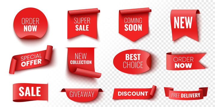 Best choice, order now, special offer, new collection, free delivery sale banners. Red ribbons, tags and stickers. Vector illustration.