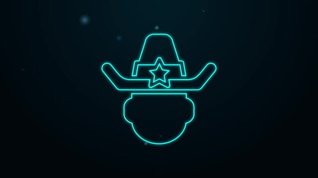 Glowing neon line Sheriff cowboy hat with star badge icon isolated on black background. Police officer. 4K Video motion graphic animation