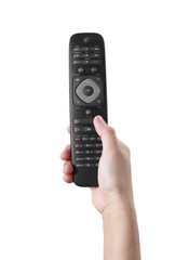 Hand holding television remote control on white background