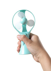 Hand holding portable mini fan on white background