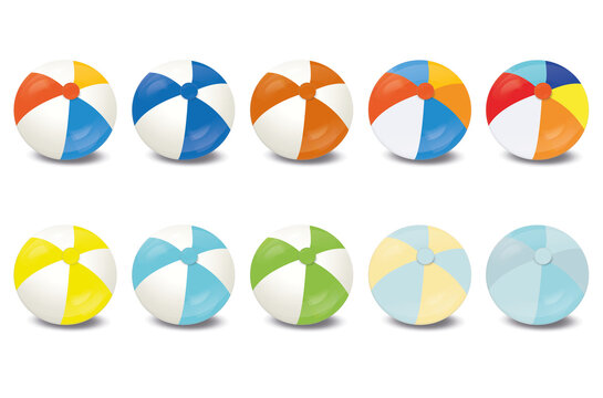 Set of beach balls isolated on white with shadows. Vector illustration of multi-colored balls for decoration of banners, design, trade.