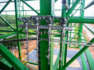 Pressure gauge of measuring instrument close up in industry zone at power plant with closed up