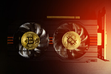bitcoin on GPU fan. Concept of crypto currency mining. top view.
