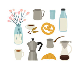 Vector illustration of a coffee set. Coffee maker, cezve, vase with flowers, coffee beans, pretzel, croissant, cups, pitcher, milk, glass. Suitable for coffee shops.