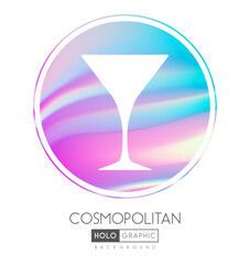 Cocktail silhouette on abstract holographic background. Cosmopolitan cocktail holographic icon