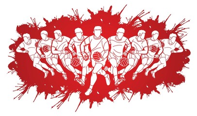 Group of Gaelic Football Male Players Sport Action Cartoon Graphic Vector
