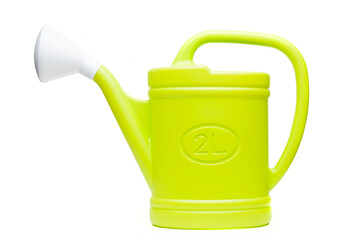 Green plastic watering can isolated on white background © cristianstorto