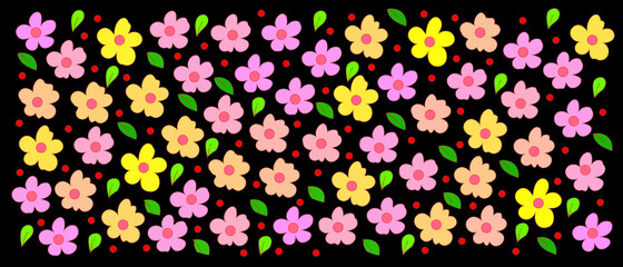 Fabric colorful nature pattern design. Vector flower playful summer illustration. Collection of cartoon hand drawn floral shapes, modern style. wall decoration, postcard, brochure cover design sketch.