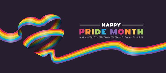 Happy Pride month text and rainbow pride ribbon roll make heart shape on dark background vector design - 438773745