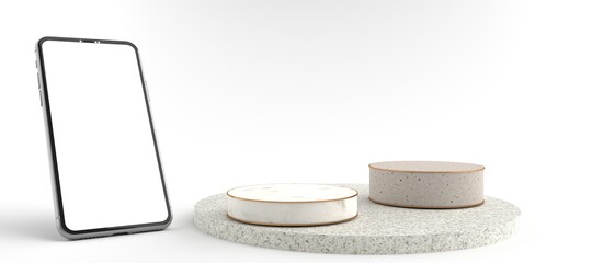 3D rendering of The Smartphone white screen side Round marble Pedestal, Mobile phone mockup tilted to the ground. Pedestal can be used for commercial advertising, Isolated on Minimal white background.