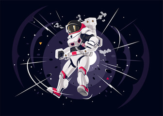 An astronaut flies in space. An astronaut in orbit orbiting the vastness of the universe.  Suit for the astronaut. Science technology icon concept isolated motion. Vector illustration EPS 10