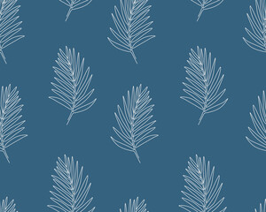 Seamless pattern with palm leaves on blue background. Continuous one line drawing palm leaf. White line art on blue background.