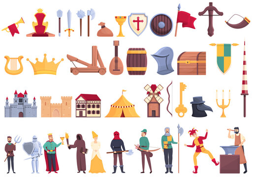 Medieval icons set. Cartoon set of medieval vector icons for web design