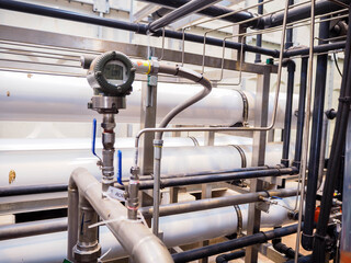 Pressure gauge of measuring instrument close up in industry zone at power plant with closed up