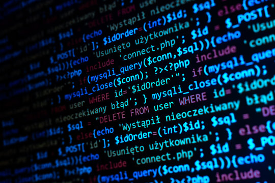 Software development pattern. Programmer monitor with php language code. Closeup tablet screen technology background