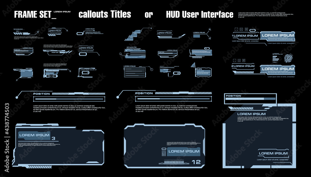 Poster set of callout titles and frames for hud ui user interface. modern digital panels for the interface