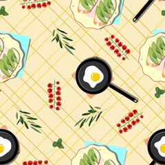 Breakfast pattern with egg and avocado. Seamless pattern with fried eggs and avocado sandwich. For textile, paper, print, packaging. Vector pattern.