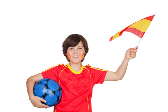 Happy little Spanish fan with a ball an a flag