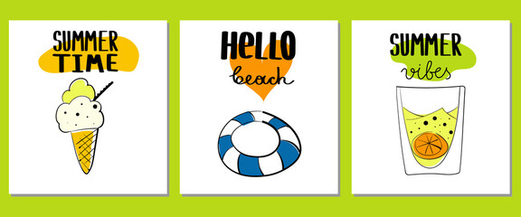 Summer doodle poster. Beach party banners with simple objects - cocktails and ice-cream, lettering. Vacation sticker elements. Vector hand
