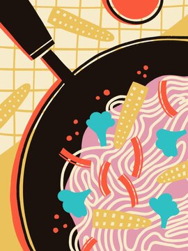 Various noodles and vegetable, illustration. Hand drawing illustration Japanese food for flyers, posters, menu. Abstract Wok illustration.