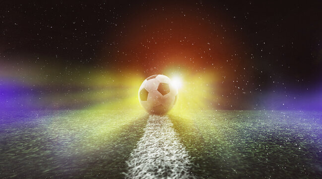 textured soccer game field in the rain at neon light -ball in the center, midfield - Powered by Adobe