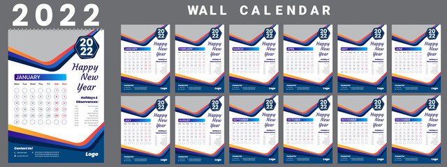 Printable calendar 2022, Wall calendar, week starts on monday, stationery design, organizer office, calendar 2022 with holidays, planner design, vector.