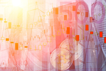 cryptocurrency strategy in investment finance on digital exchange,virtual currency bitcoin on the background of dollar and euro banknotes,investment charts,business modern buildings