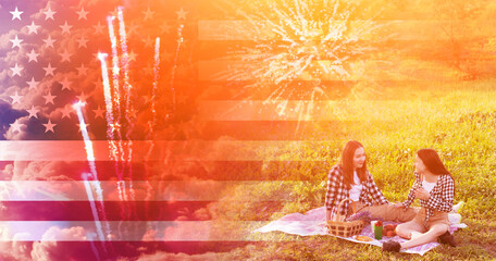 4th of july banner, independence day in America on background of American flag and girls at a picnic barbecue in the park
