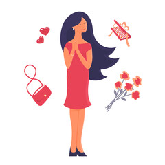 Illustration of a pretty young woman with a white background. Dreams of beautiful romantic dates and gifts. Sweets, hearts, a bouquet of flowers. Vector cartoon illustration.
