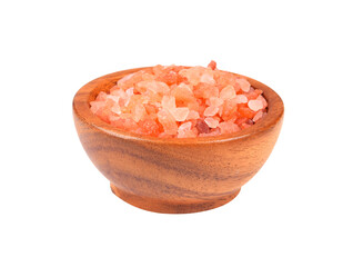 Fototapeta na wymiar Himalayan pink salt in wooden bowl, isolated on white background. Himalayan pink salt in crystals.