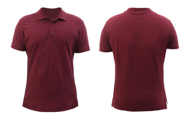 Blank collared shirt mock up template, front and back view, plain maroon red t-shirt isolated on...