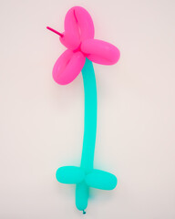Balloon twsiting of pink flower on green branch on the wall in a party decoration
