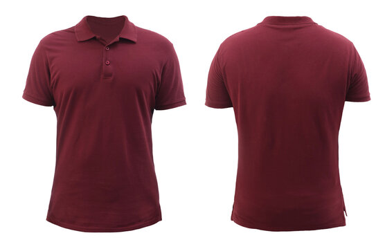 Blank collared shirt mock up template, front and back view, plain maroon red t-shirt isolated on white. Polo tee design mockup presentation