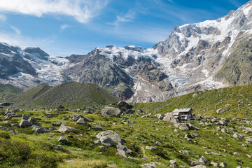 Fototapeta na wymiar Panorama of the European Alps with the Monte Rosa glacier at the Zamboni Zappa refuge, Macugnaga, Italy. Important summer and winter resort in northern Italy