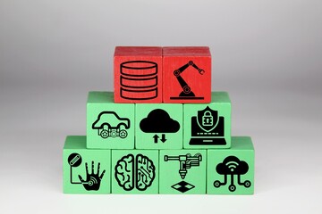 colored cubes with technology items and the word Industry 4.0. Industry 4.0 infographic.