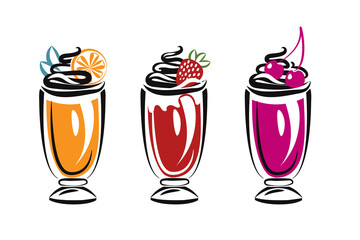 Ice cream set, milkshake, juice vector illustration.