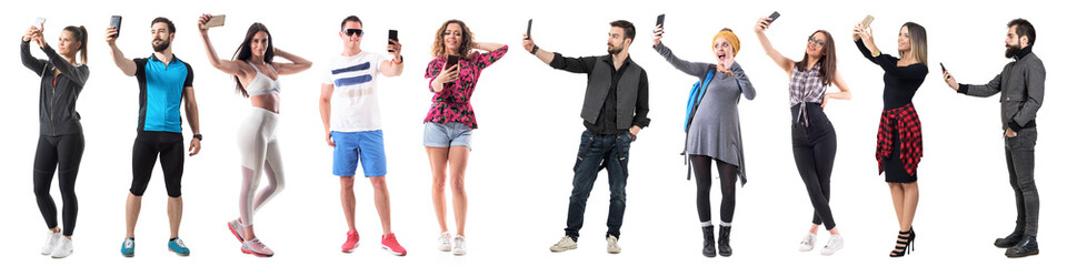 Group of active sporty and stylish hipster people taking selfies with cell phone full body isolated on white background. 