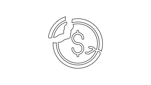 Black line Dollar rate decrease icon isolated on white background. Cost reduction. Money symbol with down arrow. Business lost crisis decrease. 4K Video motion graphic animation