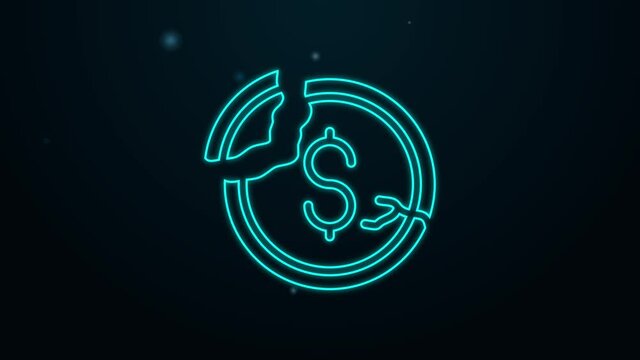 Glowing neon line Dollar rate decrease icon isolated on black background. Cost reduction. Money symbol with down arrow. Business lost crisis decrease. 4K Video motion graphic animation