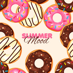 Donut seamless pattern. Chocolate, vanilla and strawberry doughnut. Summer banner. Vector illustration