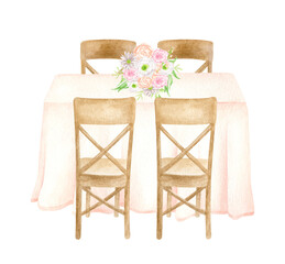 Watercolor wedding guest table with elegant flower bouquet isolated on white. Hand drawn draped table, wood chairs, floral decoration. Wedding reception sketch, gala dinner, luxury restaurant lunch