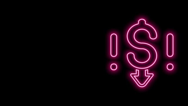 Glowing neon line Dollar rate decrease icon isolated on black background. Cost reduction. Money symbol with down arrow. Business lost crisis decrease. 4K Video motion graphic animation