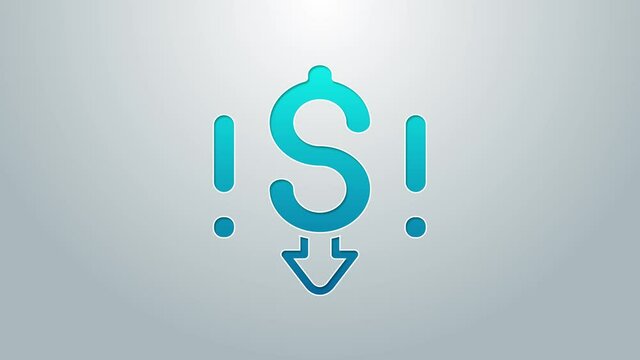 Blue line Dollar rate decrease icon isolated on grey background. Cost reduction. Money symbol with down arrow. Business lost crisis decrease. 4K Video motion graphic animation