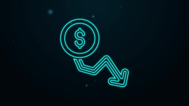 Glowing neon line Dollar rate decrease icon isolated on black background. Cost reduction. Money symbol with down arrow. Business lost crisis decrease. 4K Video motion graphic animation