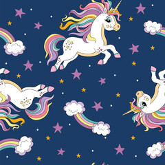 Fototapeta na wymiar Seamless vector pattern with magic unicorns and stars on blue