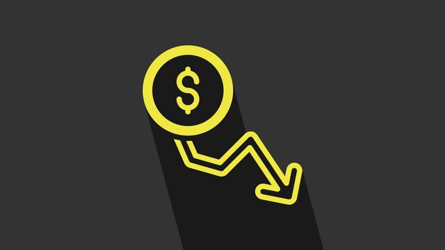 Yellow Dollar rate decrease icon isolated on grey background. Cost reduction. Money symbol with down arrow. Business lost crisis decrease. 4K Video motion graphic animation